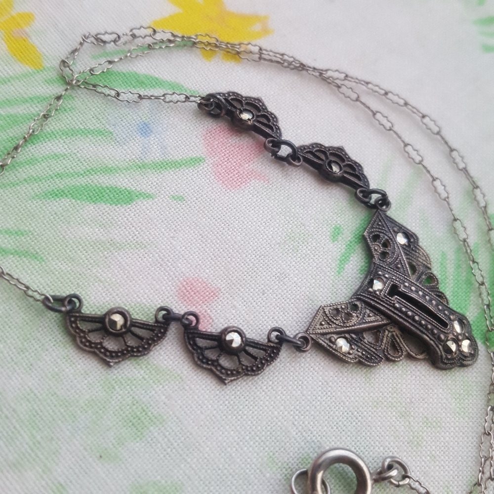 Antique Germany Sterling Silver Marcasite Necklace - Picture 2 of 16
